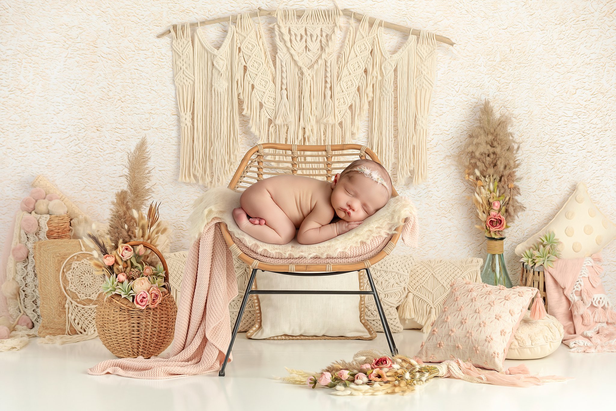A newborn baby sleeps on a padded wicker chair surrounded by flowers and pillows in a studio ellifox