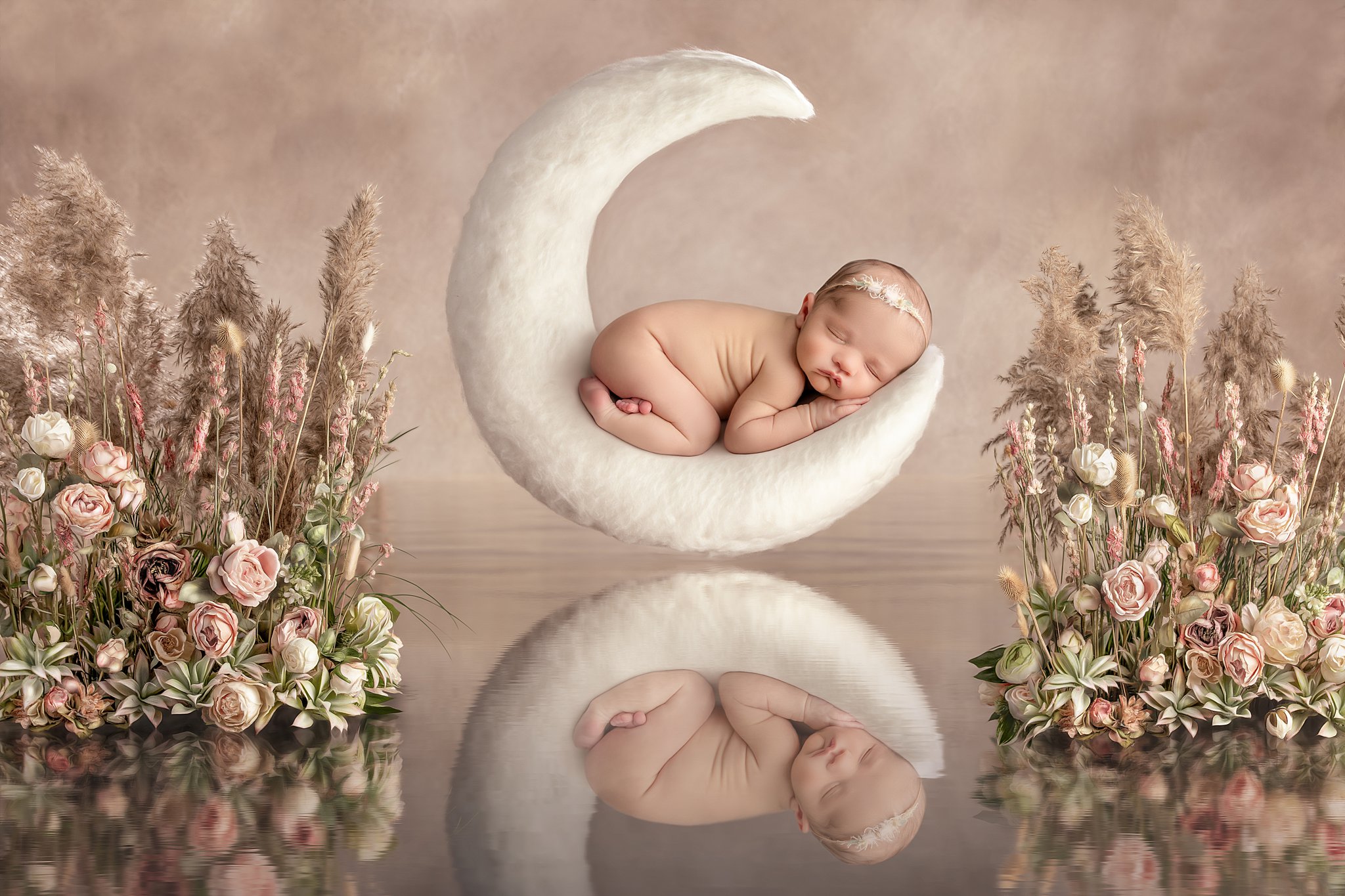 A naked newborn baby sleeps on a soft moon surrounded by flowers over water ellifox