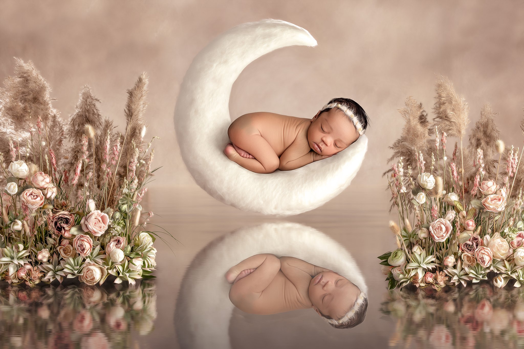 A newborn baby sleeps on a moon above water with flowers on either side your happy nest